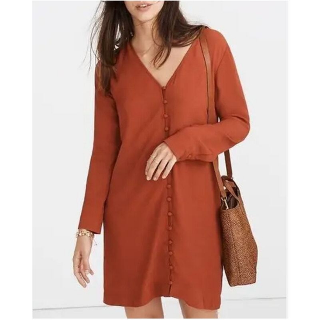 Madewell Lightweight Long Sleeve V-Neck Front Button Down Casual Dress Rust Sm